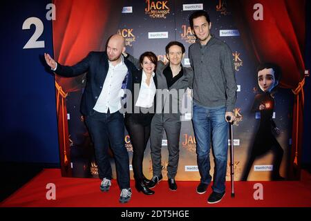 Stephane Berla, Babet, Mathias Malzieu et Fabien Marsaud alias Grand corps Malade participant à la première de la MECANIQUE du coeur au théâtre UGC Normandie, à Paris, France, le 26 janvier 2014. Photo d'Aurore Marechal/ABACAPRESS.COM Banque D'Images