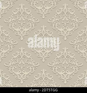 Motif damassé style baroque sans couture. Fond de texture beige dessiné à la main. Imprimé rétro contemporain pour tissu, textile, papier peint, papier d'emballage Banque D'Images