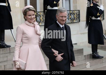 Le roi Philippe et la reine Mathilde de Belgique quittent l'Elysée après avoir rencontré le président français François Hollande dans le cadre de leur première visite officielle en France, à Paris, en France, le 06 février 2014. Photo de Stephane Lemouton/ABACAPRESS.COM Banque D'Images