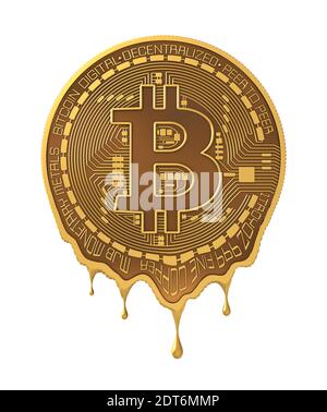 Pièce de monnaie virtuelle en fusion bitcoin isolée sur fond blanc Banque D'Images