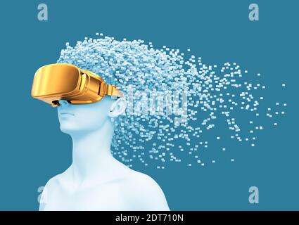 Jeune femme portant des lunettes VR d'or et des pixels 3D comme Cheveux Banque D'Images