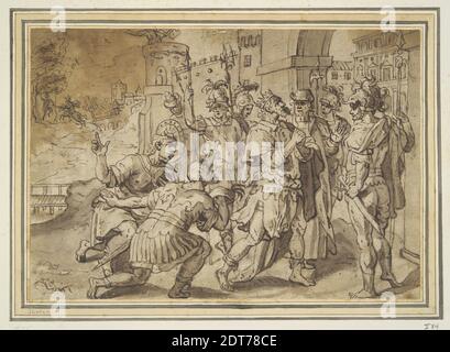 Après : Stradanus (Jan van der Straet), flamand, 1523–1605, la mort d'Absolom a rapporté à David (II Samuel 18.9-33), encre de plume et brune et lavage brun, feuille : 17.8 × 25.8 cm (7 × 10 3/16 po), fabriqué en Flandre, flamande, XVIe siècle, œuvres sur papier - dessins et aquarelles Banque D'Images