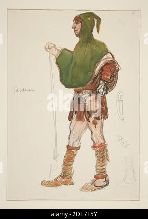 Artiste: Edwin Austin Abbey, américain, 1852–1911, M.A., 1897, Gardener, croquis de costume pour Henry Irving's Planned production of King Richard II, Aquarelle, charbon de bois, graphite, véve blanche, 36.8 × 25.4 cm (14 1/2 × 10 in.), fabriqué aux États-Unis, américain, 19e siècle, œuvres sur papier - dessins et aquarelles Banque D'Images