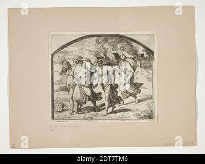 Echetcher: Orazio Borgianni, Italien, ca. 1578–1616, artiste: Raphaël, Italien, 1483–1520, Lot avec sa femme et ses filles quittant Sodome, des tableaux de Loggia, Etching, un des 32 estampes, platemark: 14.8 × 18 cm (5 13/16 × 7 1/16in.), fabriqué en Italie, Italien, 16ème–17ème siècle, oeuvres sur papier - estampes Banque D'Images