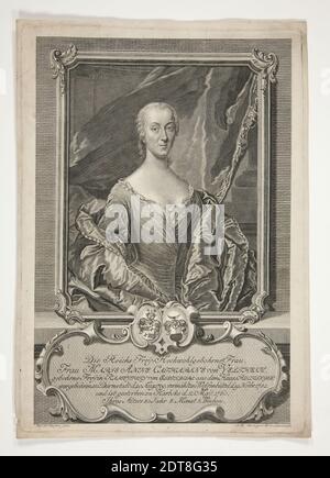 Artiste: Johann Martin Bernigereth, allemand, 1713–1767, après: Dominicus van der Smissen, allemand, 1704–1760, Portrait de Marie Anne Catherine von Veltheim, gravure, platemark: 31.8 × 22.2 cm (12 1/2 × 8 3/4in.); feuille: 32.7 × 23.2 cm (12 7/8 × 9 1/8in.), réalisé en Allemagne, tirages papier - 18e siècle, Allemagne Banque D'Images