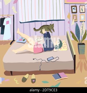 Une jeune femme avec son animal de compagnie, tabby chat, a le reste dans la chambre. Illustration de Vecteur