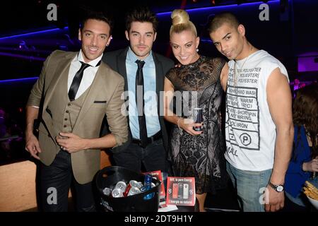 EXCLUSIF. Maxime Dereymez, Katrina Patchett, son petit ami Valentin d'Hoore et Brahim Zaibat participant à la soirée de lancement de la boisson Ray Just Energy qui s'est tenue au Redlight Club à Paris, France, le 26 mars 2014. Photo de Nicolas Briquet/ABACAPRESS.COM Banque D'Images