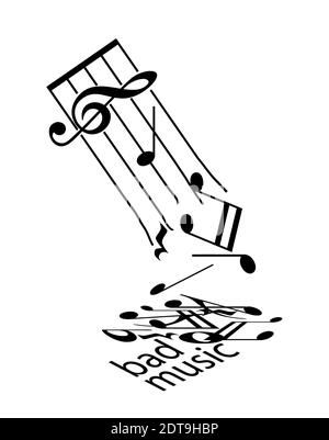 Note de musique tombe d'un personnel cassé et les mots mauvaise musique sont sur le sol avec des notes qui sont tombées. Banque D'Images