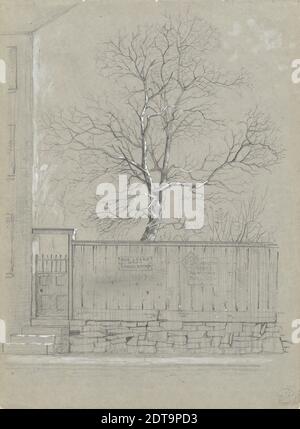 Artiste: Alfred Wordsworth Thompson, américain, 1840–1896, Panneaux et arbre, Graphite, rehaussé de blanc sur papier gris, 24.4 × 17.8 cm (9 5/8 × 7 po.), fabriqué aux États-Unis, américain, 19e siècle, œuvres sur papier - dessins et aquarelles Banque D'Images