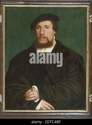 Artiste: Hans Holbein the Scadet, Allemand, 1497/98–1543, Portrait d'un marchand hanséatique, huile sur panneau, non encadré: 49.6 × 39 cm (19 1/2 × 15 3/8 po), les marchands de la Hanseatic League, une puissante organisation commerciale allemande qui s'est rapidement développée dans d'autres pays le long de la mer Baltique et de la mer du Nord, ont établi leur siège anglais dans le chantier naval de Londres. Holbein a été chargé de décorer leur salle de réunion et de produire des portraits individuels des membres de la guilde. Tous adoptent le même format, avec le sitter représenté frontally sur un fond non orné. Banque D'Images