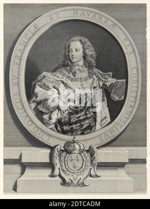 Artiste: Pierre Drevet, Français, 1663–1738, artiste: Pierre Imbert Drevet, Français, 1697–1739, après: Hyacinthe Rigaud, Français, 1659–1743, Louis XV, Roi de France (1710-1774), vers 1724, gravure, 44.9 × 33.7 cm (17 11/16 × 13 1/4 po), fabriqué en France, Français, 17ème siècle, oeuvres sur papier - estampes Banque D'Images