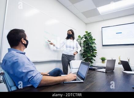 Femme d'affaires dans le masque de visage donnant la présentation au bureau Banque D'Images