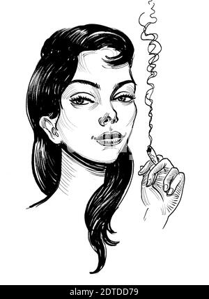 Jolie femme fumant de la marijuana joint. Dessin noir et blanc Banque D'Images