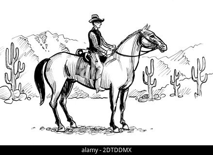 Cow-boy américain à cheval dans le désert mexicain. Encre noir et blanc dessin Banque D'Images