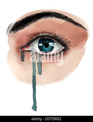 Beaux yeux pleurer. Encre et aquarelle dessin Banque D'Images