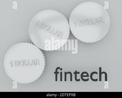 Illustration 3D de trois pièces d'argent arraingd en tant que roues dentées avec le cri de fintech, isolé sur dégradé gris. Banque D'Images