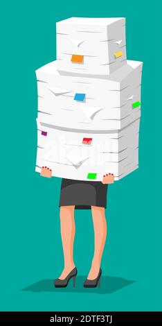 Une femme d'affaires stressée tient une pile de documents de bureau. Femme d'affaires surtravaillée avec des piles de papiers. Stress au travail. Bureaucratie, paperasserie, Big Data. Illustration vectorielle de style plat Illustration de Vecteur