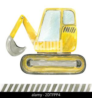 Illustration de dessin animé mignon de construction de camion de pelle hydraulique jaune isolé sur fond blanc. Motif aquarelle peint à la main pour les enfants Banque D'Images