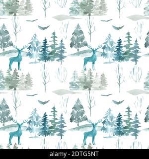 Forêt mystérieuse d'hiver scandinave avec motif sans couture sur fond blanc. Illustration aquarelle des animaux des bois, des pins, des collines, des oiseaux Banque D'Images