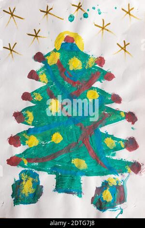 Dessin d'enfant de sept ans, arbre de noël. Banque D'Images