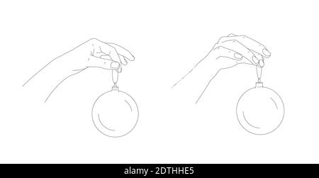 Illustration de la main tenant une boule de Noël, deux positions de main. Esquissez une illustration vectorielle de style art au trait, isolée sur un arrière-plan blanc. Illustration de Vecteur