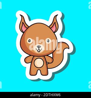 Joli dessin animé sticker petit écureuil. Motif animal mascotte pour enfants cartes, douche de bébé, affiches, invitation de b-day, vêtements. Illustration de Vecteur