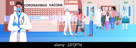 Mélanger les patients de race dans les masques pour obtenir le test de coronavirus par écouvillonnage PCR procédure de diagnostic concept de pandémie covid-19 couloir intérieur de l'hôpital vecteur horizontal illustration Illustration de Vecteur