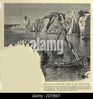 Gravure en bois de la côte libanaise près de l'embouchure de la rivière Adonis. Le sol taché de fer des strates de grès est annuellement lavé dans la rivière par les fortes pluies d'hiver, et le cours d'eau décoloré peut être tracé loin dans la mer bleue. Cela a donné lieu à la croyance que la rivière a été tayée avec le sang d'Adonis, chaque année en mémoire de sa mort. De 'la Palestine pittoresque, le Sinaï et l'Egypte' par Wilson, Charles William, Sir, 1836-1905; Lane-Poole, Stanley, 1854-1931 Volume 3. Publié par J. S. Virtue and Co 1883 Banque D'Images