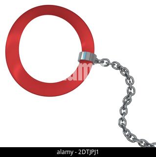Ruban rouge manilles anneau tenant attaché, chaîne métal 3d illustration, isolé, horizontal, sur blanc Banque D'Images