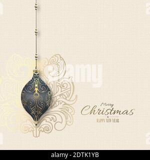 Carte de Noël avec boule de Noël bleue, décoration orientale dorée sur fond blanc jaune pastel. Texte Joyeux Noël Bonne Année. Illustration 3D Banque D'Images