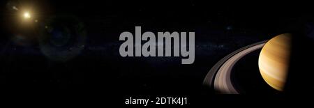 Le géant du gaz Saturne avec un soleil éclatant orbitant dans l'espace concept panoramique Banque D'Images