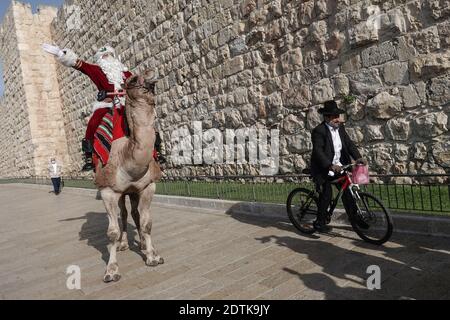 Jérusalem, Israël. 22 décembre 2020. Le Père Noël, ou « Baba Noel » comme il est appelé en arabe, se déplace à dos de chameau pour remplacer le renne près de la porte Jaffa de la vieille ville de Jérusalem. La municipalité de Jérusalem et le Fonds national juif ont distribué des cyprès d'Arizona spécialement cultivés à la population chrétienne à la porte de Jaffa. Crédit : NIR Amon/Alamy Live News Banque D'Images