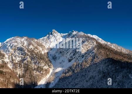 Vue panoramique du mont Cima del Cacciatore (pic du chasseur) Dans les Alpes juliennes couvertes de neige en hiver Banque D'Images