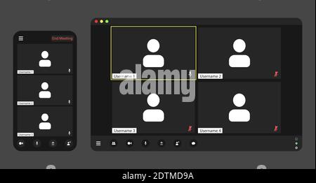 Modèle d'interface utilisateur de vidéoconférence, superposition de la fenêtre appels de vidéoconférence. Trois à quatre utilisateurs. Illustration de Vecteur