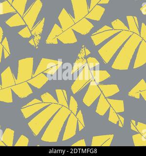 Le style d'impression monochrome laisse un arrière-plan de motif vectoriel transparent. Feuillage jaune découpé texturé sur fond gris. Motif painterly fait main Illustration de Vecteur