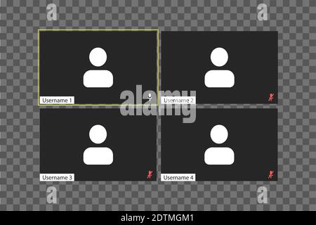 Modèle d'interface utilisateur de visioconférence avec fenêtres individuelles sur fond transparent. Quatre utilisateurs. Illustration de Vecteur