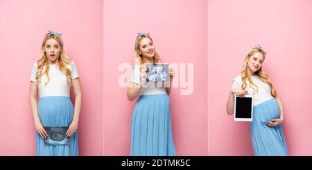 collage de la jeune femme enceinte blonde avec bébé et pizza échographie et tablette numérique sur fond rose Banque D'Images