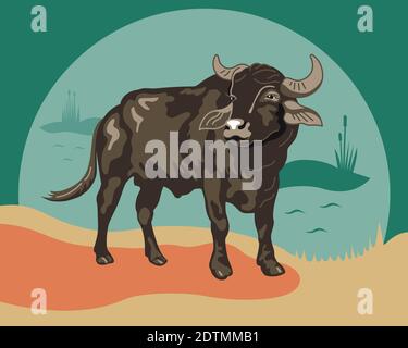 Image vectorielle de Cow, Bull, Water Buffalo Flat illustration, symbole de 2021, année Ox sur le calendrier chinois sur fond vert Illustration de Vecteur
