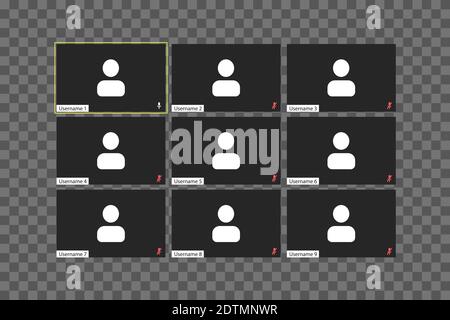 Modèle d'interface utilisateur de visioconférence avec fenêtres individuelles sur fond transparent. Neuf utilisateurs. Illustration de Vecteur