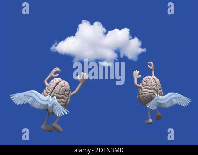 dessin animé de deux cerveaux humains volant vers un nuage dans le ciel, illustration 3d Banque D'Images