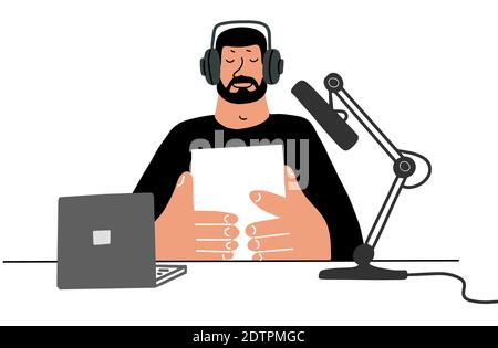 Podcast radio journaliste dans des casques avec microphones en studio. Illustration moderne à vecteur plat Illustration de Vecteur