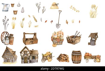 Vintage vilage aquarelle rustique clipart. Style de vie. Fleurs botaniques Banque D'Images