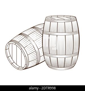 Trois barils en bois pour le vin et autres alcools. Barils de bois dessinés à la main isolés sur fond blanc. Illustration de Vecteur