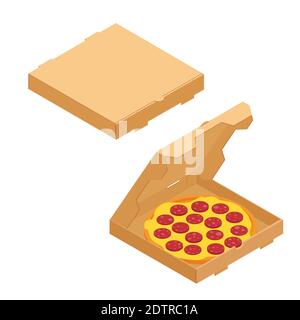 Pizza de salami dans une boîte en carton pour les restaurants ou la livraison de pizzerias. Délicieux goût pizza avec fromage et salami Illustration de Vecteur