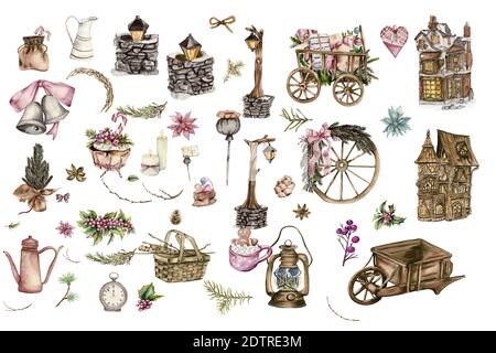 Vintage vilage aquarelle rustique clipart. Style de vie. Fleurs botaniques Banque D'Images