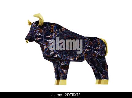 Horoscope Fractal noir Bull isolé sur blanc, symbole de la nouvelle année 2021, rendu 3d Banque D'Images