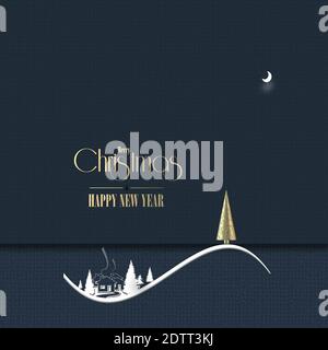 Carte de Noël du nouvel an avec paysage d'hiver sur fond bleu. Texte doré Joyeux Noël Bonne Année. Rendu 3D Banque D'Images