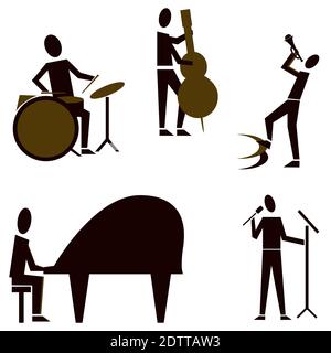 Jazz Band. Ensemble de musiciens de jazz jouant divers instruments de musique et chanteur. Jeu d'icônes. Illustration vectorielle isolée. Illustration de Vecteur