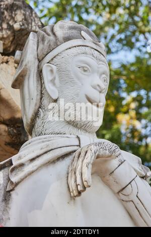 Phayao, Thaïlande - 29 novembre 2020 : Portrait Zoom vue Soleil en marbre Wukong ou Statue du Roi singe sur pierre avec fond de forêt Banque D'Images