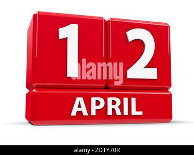 Cubes rouges - le 12 avril - sur une table blanche - Journée internationale de vol spatial humain et Journée Cosmonautics, rendu tridimensionnel, 3D il Banque D'Images